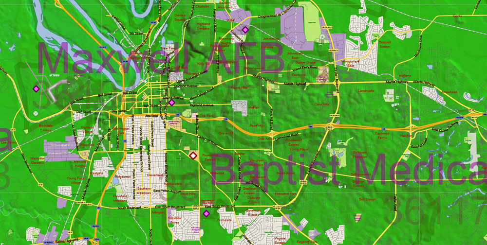 Alabama State US Map Vector Exact Shaded Reliaf and Roads High Detailed Map + Counties + Zipcodes editable Adobe Illustrator in layers