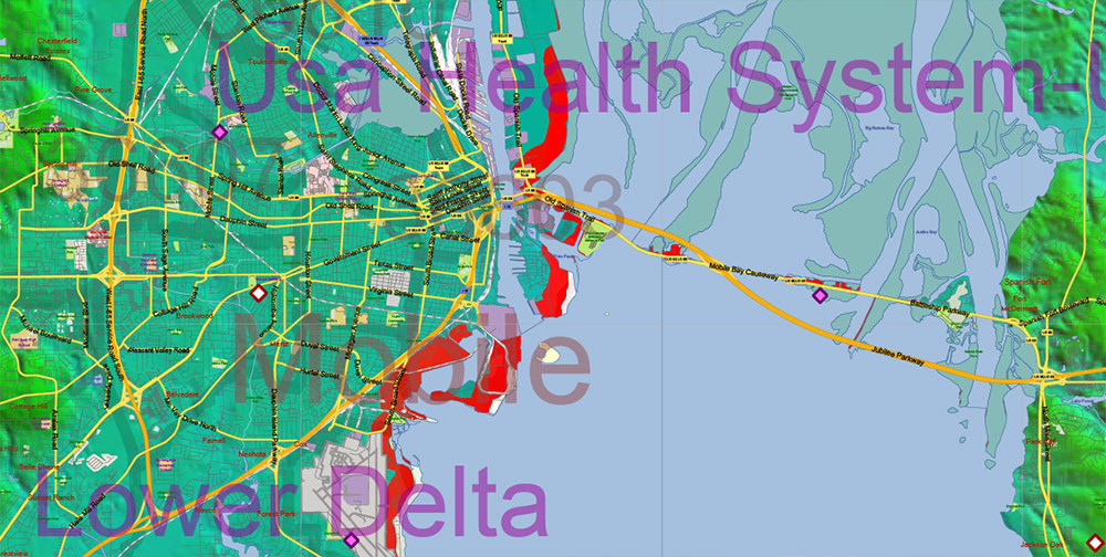 Alabama State US Map Vector Exact Shaded Reliaf and Roads High Detailed Map + Counties + Zipcodes editable Adobe Illustrator in layers