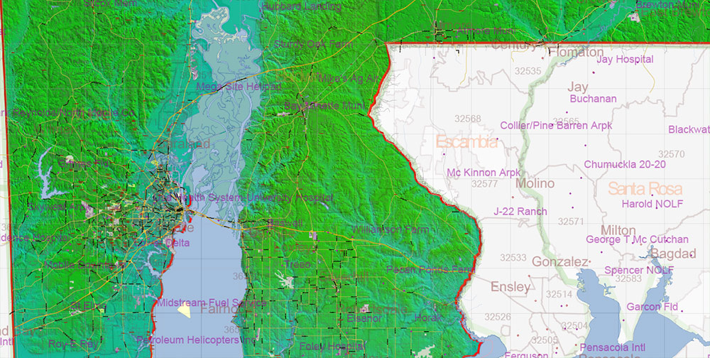 Alabama State US Map Vector Exact Shaded Reliaf and Roads High Detailed Map + Counties + Zipcodes editable Adobe Illustrator in layers