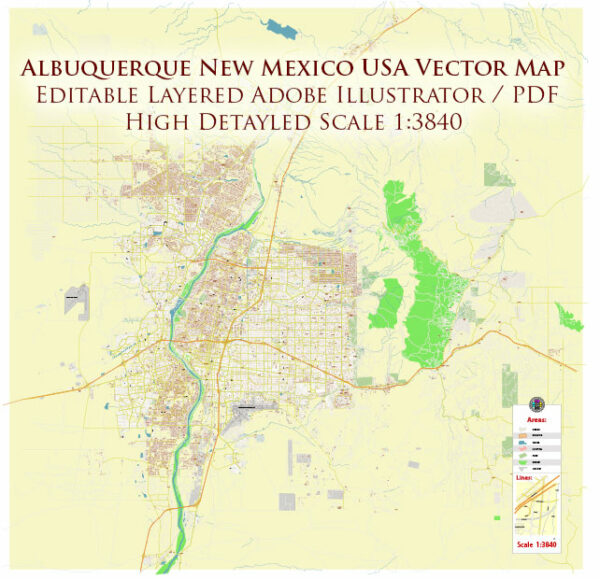 Albuquerque New Mexico USA Map Vector Exact Plan High Detailed Street Map editable Adobe Illustrator in layers