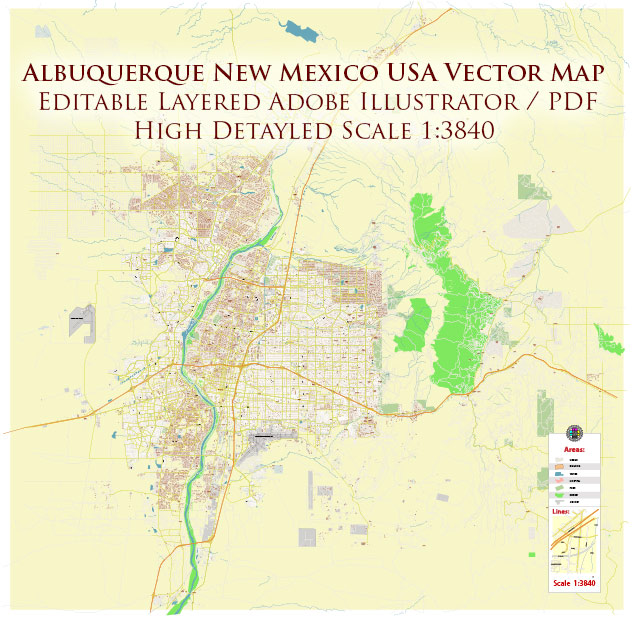 Albuquerque New Mexico USA Map Vector Exact Plan High Detailed Street Map editable Adobe Illustrator in layers