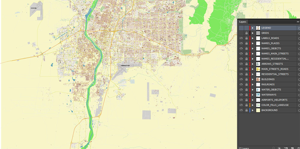 Albuquerque New Mexico USA Map Vector Exact Plan High Detailed Street Map editable Adobe Illustrator in layers