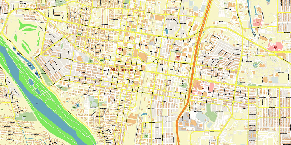 Albuquerque New Mexico USA Map Vector Exact Plan High Detailed Street Map editable Adobe Illustrator in layers