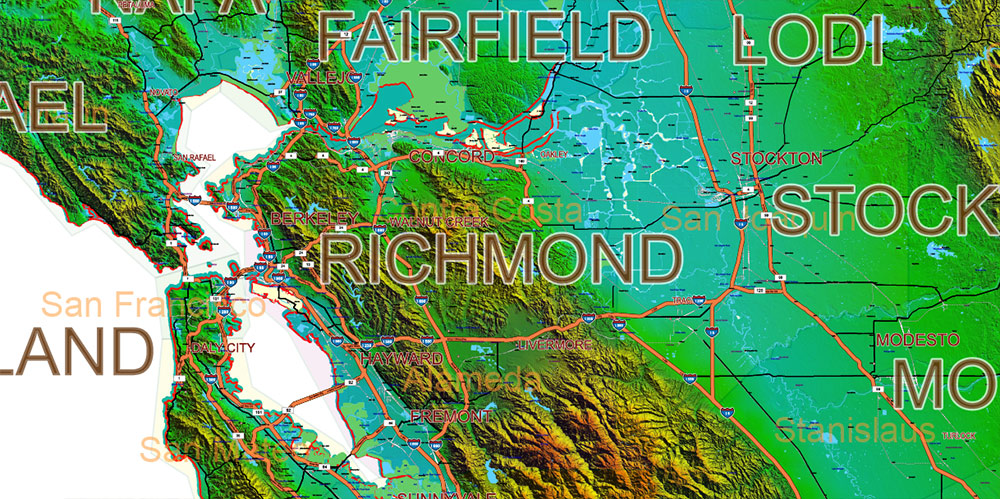 California State US Map Vector Exact High Detailed Roads Map V.2 + Shaded Relief editable Adobe Illustrator in layers