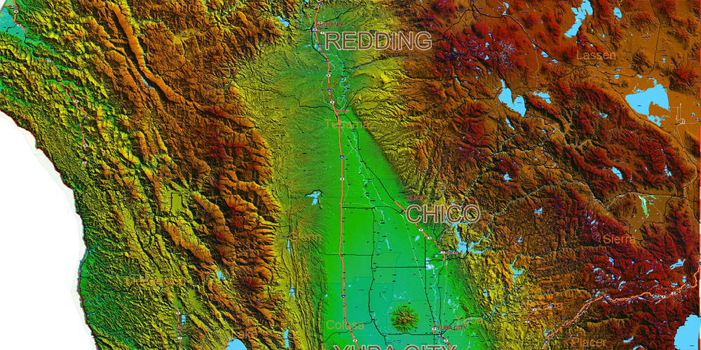California State US Map Vector Exact High Detailed Roads Map V.2 + Shaded Relief editable Adobe Illustrator in layers
