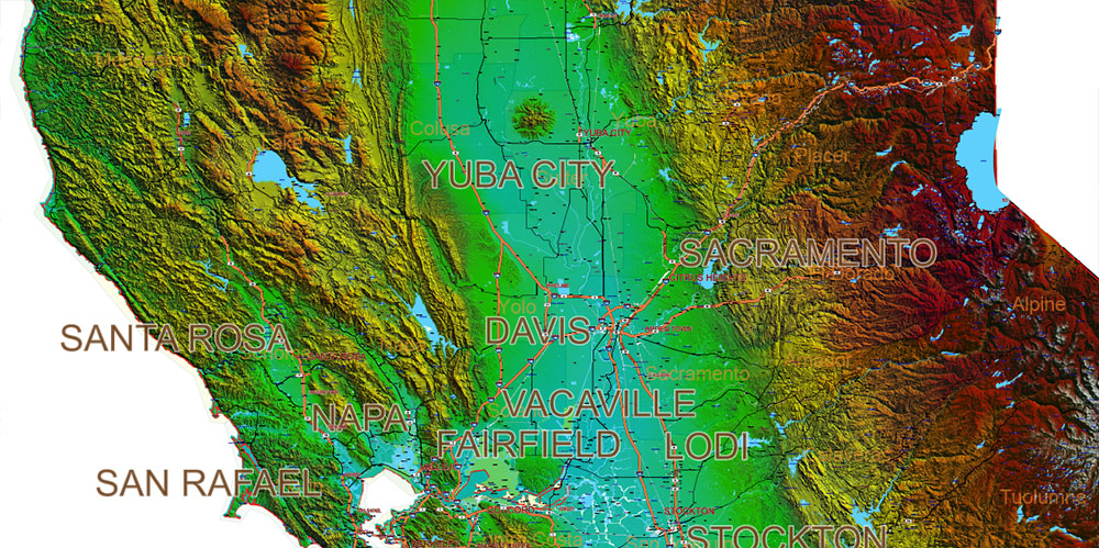 California State US Map Vector Exact High Detailed Roads Map V.2 + Shaded Relief editable Adobe Illustrator in layers