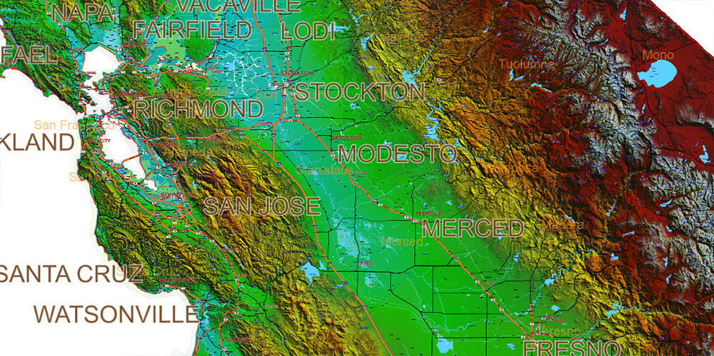 California State US Map Vector Exact High Detailed Roads Map V.2 + Shaded Relief editable Adobe Illustrator in layers