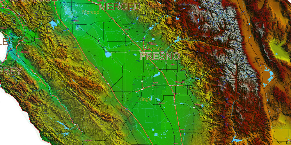 California State US Map Vector Exact High Detailed Roads Map V.2 + Shaded Relief editable Adobe Illustrator in layers