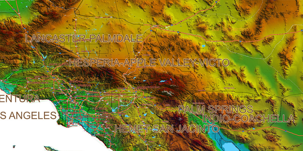 California State US Map Vector Exact High Detailed Roads Map V.2 + Shaded Relief editable Adobe Illustrator in layers
