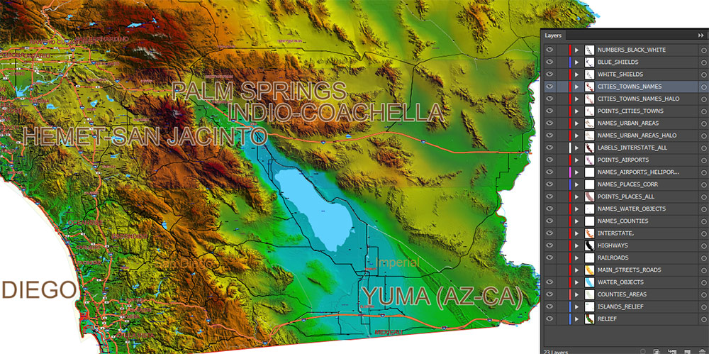 California State US Map Vector Exact High Detailed Roads Map V.2 + Shaded Relief editable Adobe Illustrator in layers