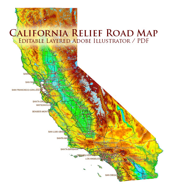 California State US Map Vector Exact High Detailed Roads Map V.3 + Colored Relief editable Adobe Illustrator in layers