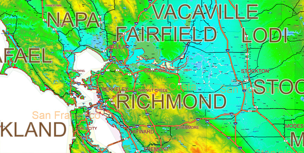 California State US Map Vector Exact High Detailed Roads Map V.3 + Colored Relief editable Adobe Illustrator in layers