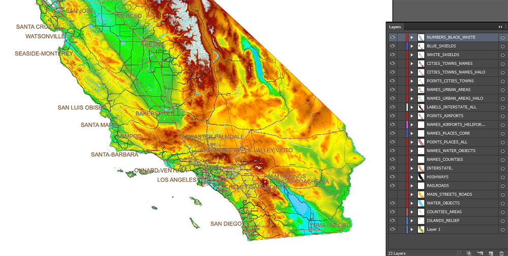 California State US Map Vector Exact High Detailed Roads Map V.3 + Colored Relief editable Adobe Illustrator in layers