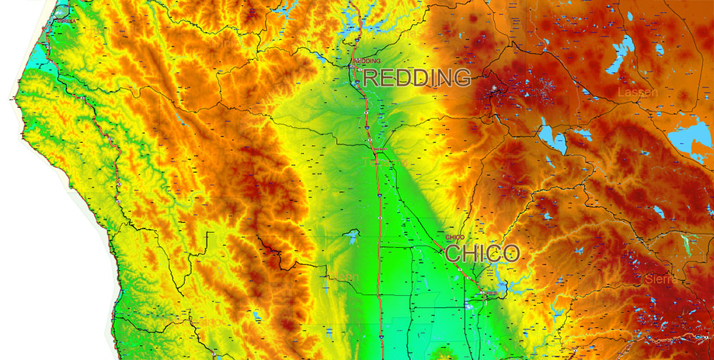 California State US Map Vector Exact High Detailed Roads Map V.3 + Colored Relief editable Adobe Illustrator in layers