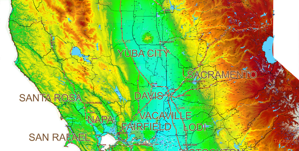 California State US Map Vector Exact High Detailed Roads Map V.3 + Colored Relief editable Adobe Illustrator in layers