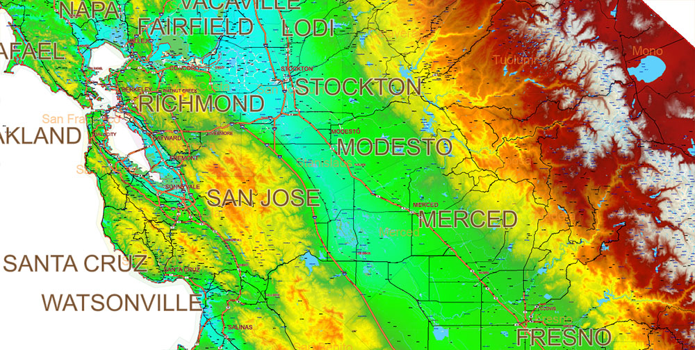 California State US Map Vector Exact High Detailed Roads Map V.3 + Colored Relief editable Adobe Illustrator in layers