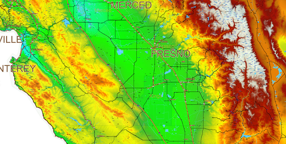 California State US Map Vector Exact High Detailed Roads Map V.3 + Colored Relief editable Adobe Illustrator in layers