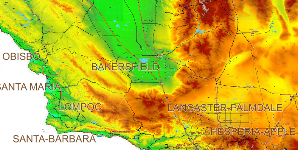California State US Map Vector Exact High Detailed Roads Map V.3 + Colored Relief editable Adobe Illustrator in layers