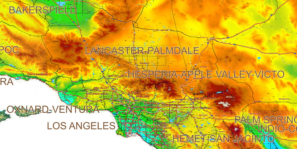 California State US Map Vector Exact High Detailed Roads Map V.3 + Colored Relief editable Adobe Illustrator in layers