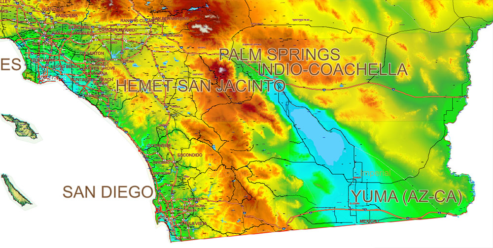 California State US Map Vector Exact High Detailed Roads Map V.3 + Colored Relief editable Adobe Illustrator in layers
