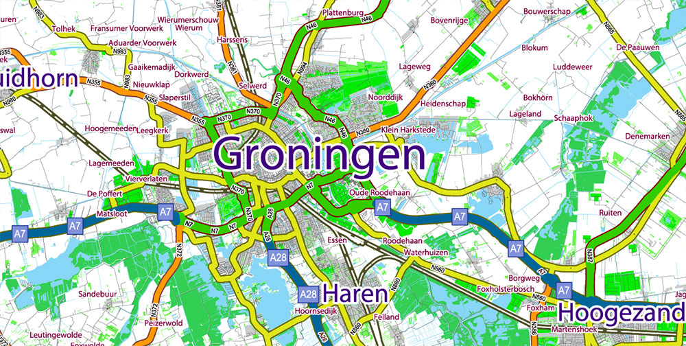 Groningen Netherlands Area Large Map Vector Exact City Plan High Detailed Road Map editable Adobe Illustrator in layers