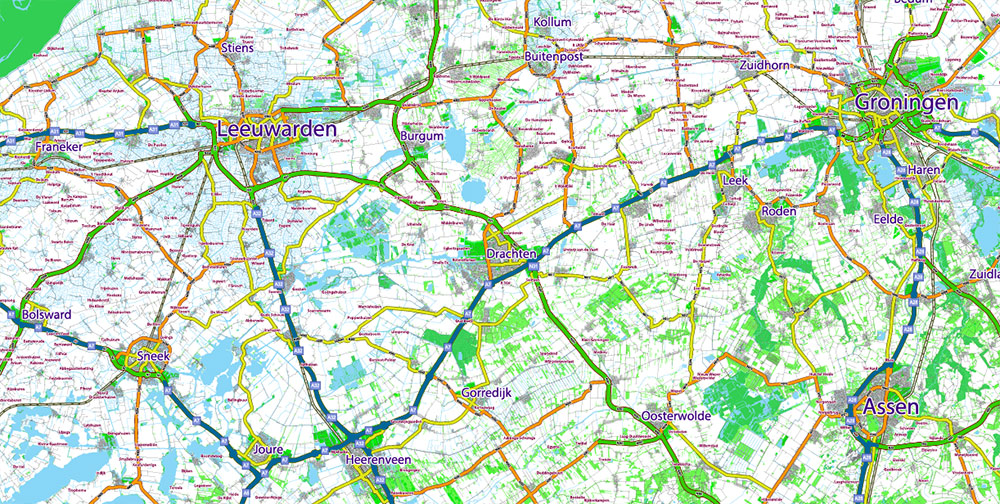 Groningen Netherlands Area Large Map Vector Exact City Plan High Detailed Road Map editable Adobe Illustrator in layers