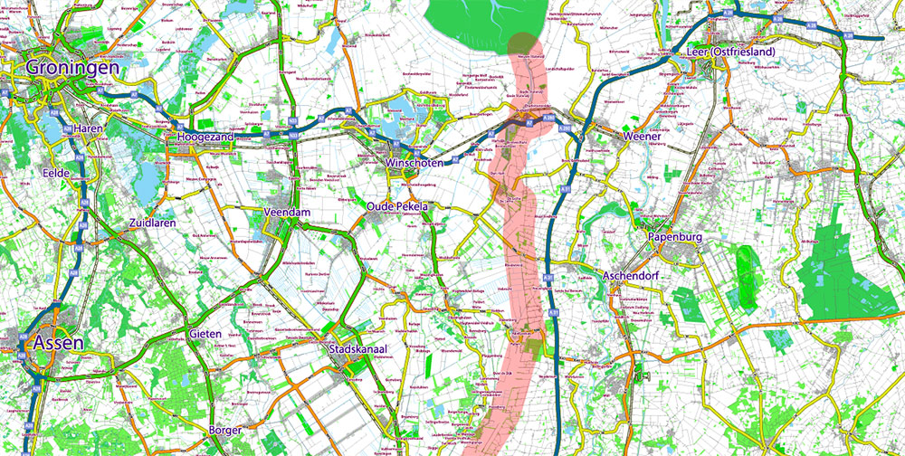 Groningen Netherlands Area Large Map Vector Exact City Plan High Detailed Road Map editable Adobe Illustrator in layers