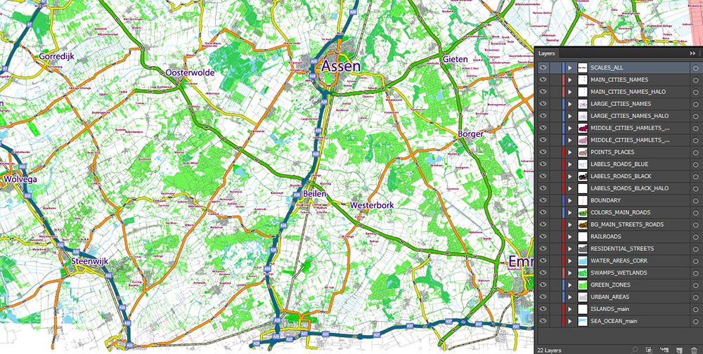 Groningen Netherlands Area Large Map Vector Exact City Plan High Detailed Road Map editable Adobe Illustrator in layers