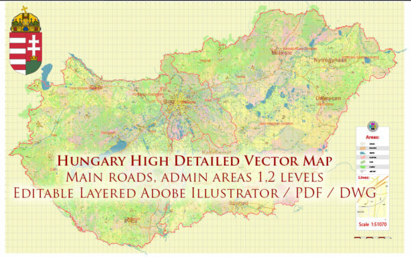 Hungary Vector Map high detailed road map + admin areas 1, 2, + cities and water objects editable Layered Adobe Illustrator