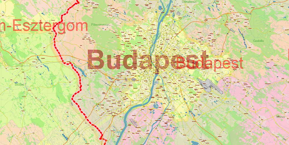 Hungary Vector Map high detailed road map + admin areas 1, 2, + cities and water objects editable Layered Adobe Illustrator