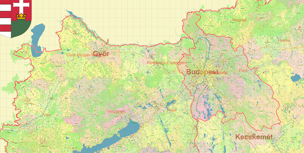 Hungary Vector Map high detailed road map + admin areas 1, 2, + cities and water objects editable Layered Adobe Illustrator