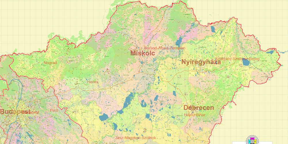 Hungary Vector Map high detailed road map + admin areas 1, 2, + cities and water objects editable Layered Adobe Illustrator