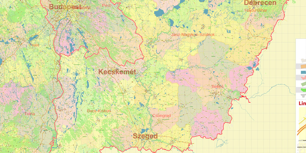 Hungary Vector Map high detailed road map + admin areas 1, 2, + cities and water objects editable Layered Adobe Illustrator