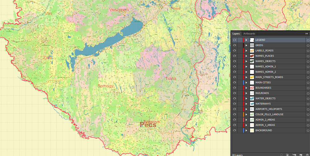 Hungary Vector Map high detailed road map + admin areas 1, 2, + cities and water objects editable Layered Adobe Illustrator