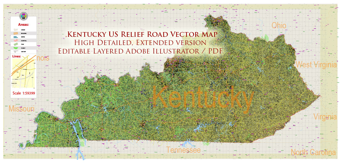 Kentucky Full State US Relief Vector Map: Full Extra High Detailed (all roads, zipcodes, airports) + Admin Areas + Relief Shaded Raster, editable Adobe Illustrator in layers
