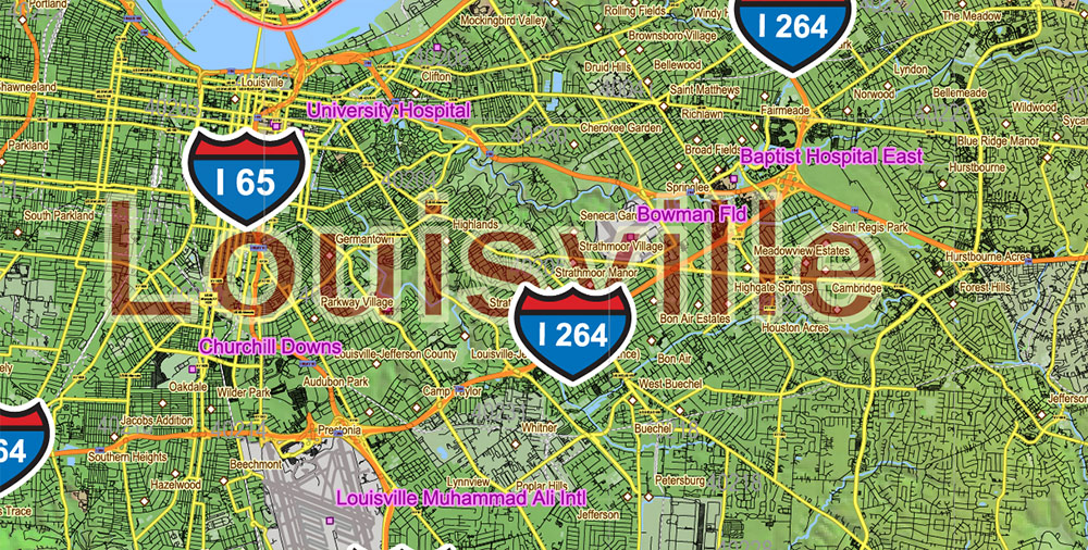 Kentucky Full State US Relief Vector Map: Full Extra High Detailed (all roads, zipcodes, airports) + Admin Areas + Relief Shaded Raster, editable Adobe Illustrator in layers