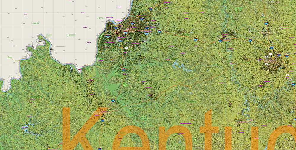 Kentucky Full State US Relief Vector Map: Full Extra High Detailed (all roads, zipcodes, airports) + Admin Areas + Relief Shaded Raster, editable Adobe Illustrator in layers
