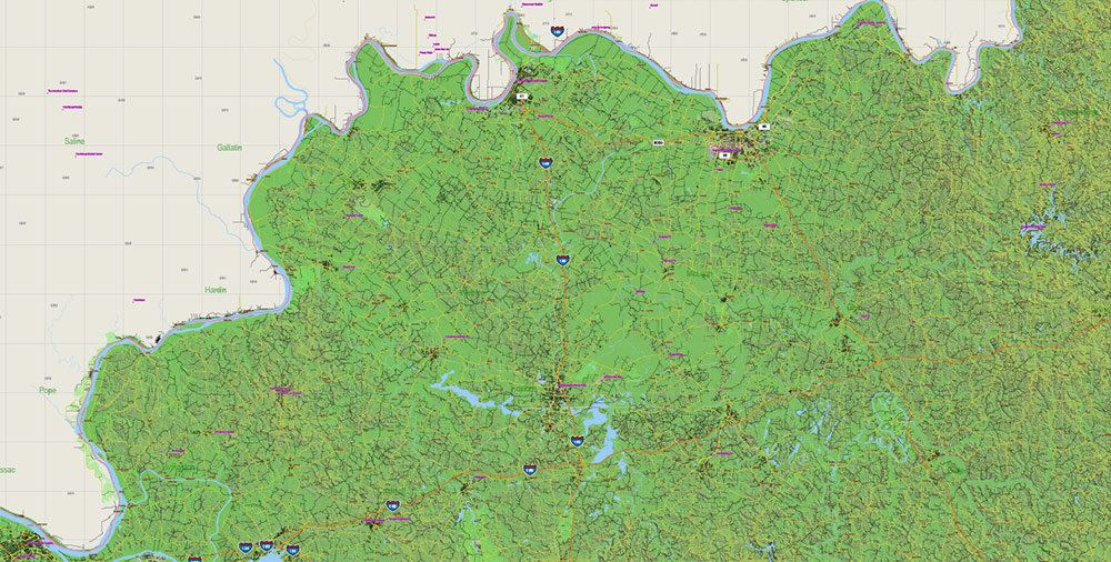 Kentucky Full State US Relief Vector Map: Full Extra High Detailed (all roads, zipcodes, airports) + Admin Areas + Relief Shaded Raster, editable Adobe Illustrator in layers