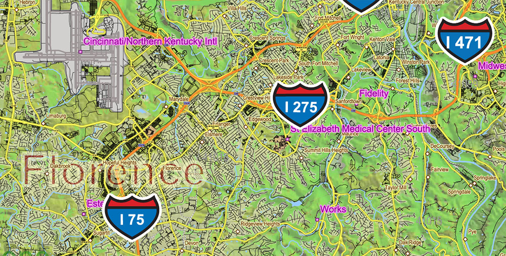 Kentucky Full State US Relief Vector Map: Full Extra High Detailed (all roads, zipcodes, airports) + Admin Areas + Relief Shaded Raster, editable Adobe Illustrator in layers