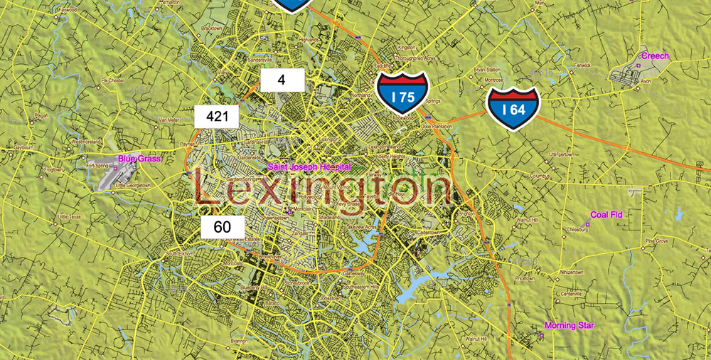 Kentucky Full State US Relief Vector Map: Full Extra High Detailed (all roads, zipcodes, airports) + Admin Areas + Relief Shaded Raster, editable Adobe Illustrator in layers