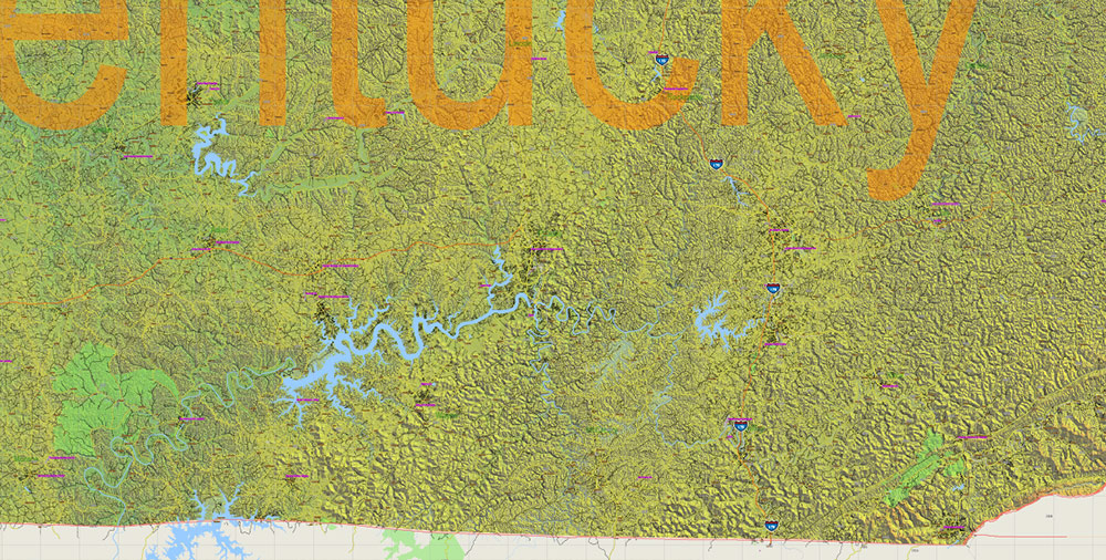 Kentucky Full State US Relief Vector Map: Full Extra High Detailed (all roads, zipcodes, airports) + Admin Areas + Relief Shaded Raster, editable Adobe Illustrator in layers