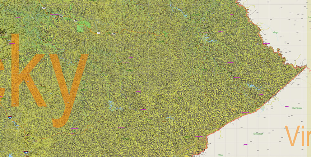 Kentucky Full State US Relief Vector Map: Full Extra High Detailed (all roads, zipcodes, airports) + Admin Areas + Relief Shaded Raster, editable Adobe Illustrator in layers