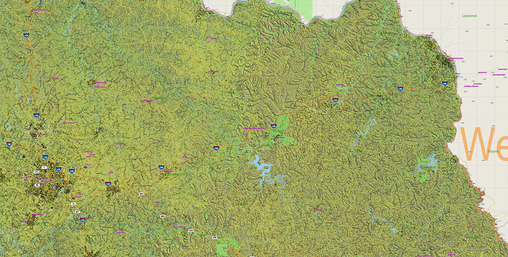 Kentucky Full State US Relief Vector Map: Full Extra High Detailed (all roads, zipcodes, airports) + Admin Areas + Relief Shaded Raster, editable Adobe Illustrator in layers