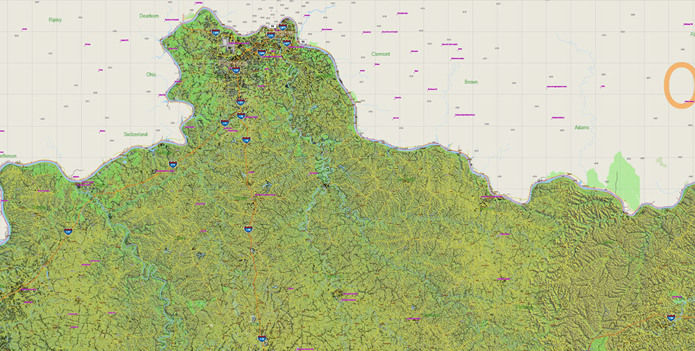Kentucky Full State US Relief Vector Map: Full Extra High Detailed (all roads, zipcodes, airports) + Admin Areas + Relief Shaded Raster, editable Adobe Illustrator in layers