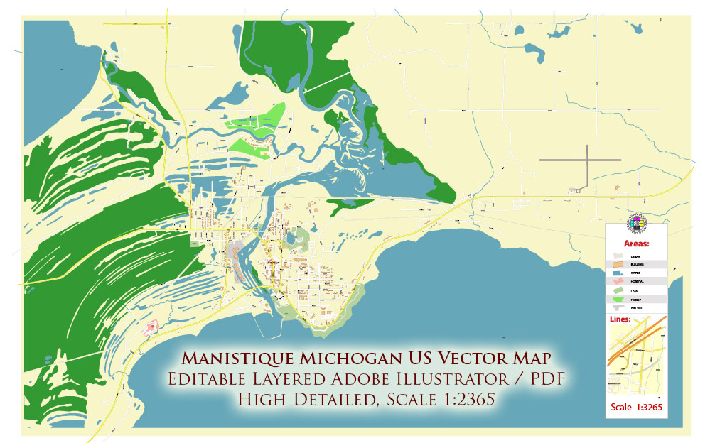 Manistique Michigan USA Map Vector Exact City Plan High Detailed Street Map editable Adobe Illustrator in layers