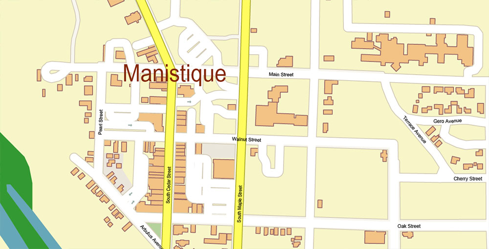 Manistique Michigan USA Map Vector Exact City Plan High Detailed Street Map editable Adobe Illustrator in layers