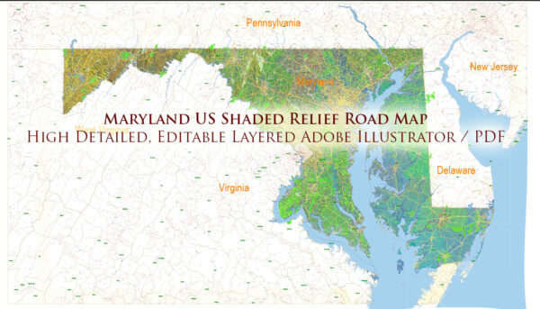 Maryland State US Map Vector Shaded Relief Extended Exact High Detailed Street Road Map + Counties + Zipcodes editable Adobe Illustrator in layers