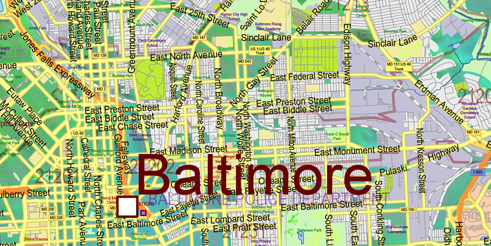 Maryland State US Map Vector Shaded Relief Extended Exact High Detailed Street Road Map + Counties + Zipcodes editable Adobe Illustrator in layers