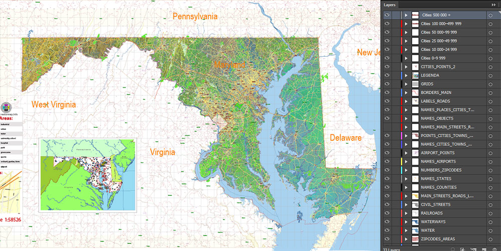 Maryland State US Map Vector Shaded Relief Extended Exact High Detailed Street Road Map + Counties + Zipcodes editable Adobe Illustrator in layers
