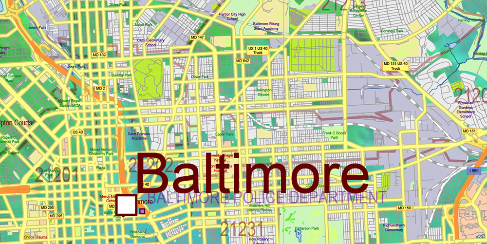 Maryland State US Map Vector Shaded Relief Extended Exact High Detailed Street Road Map + Counties + Zipcodes editable Adobe Illustrator in layers